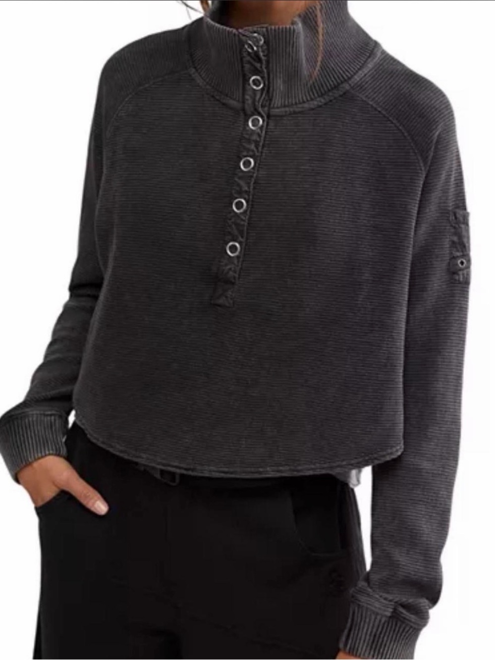Free People Movement Cropped Ribbed Henley Pullover Sweater Top- Charcoal